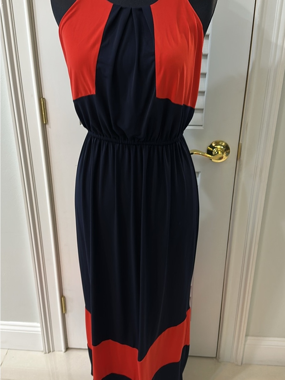 Colorblock Navy and Red Sleeveless Maxi Dress